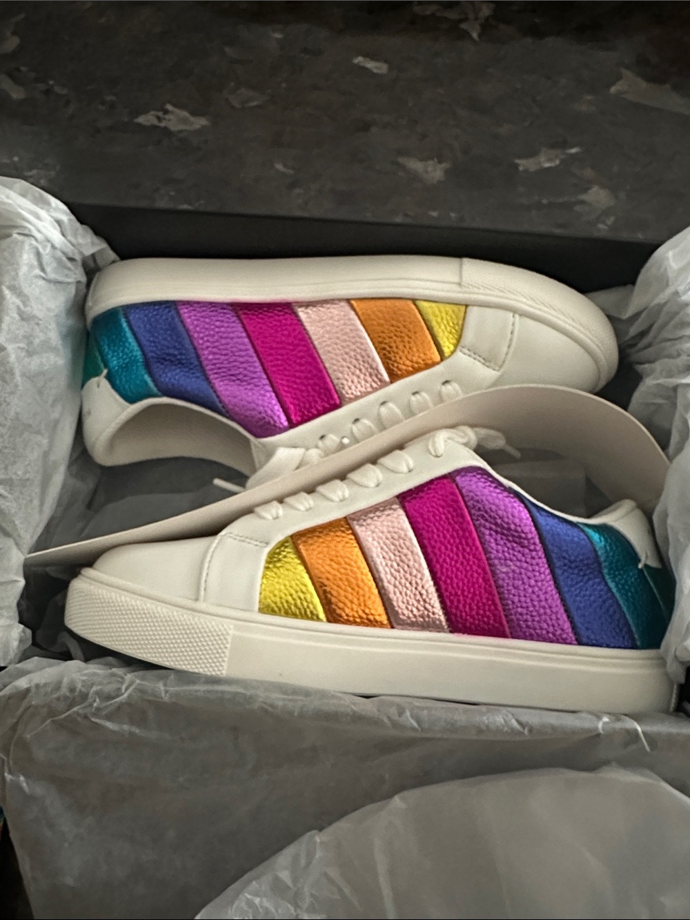 Kurt Geiger White Kids Sneakers with Rainbow Metallic Stripes
